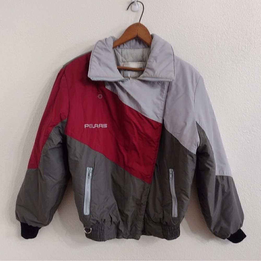 Vintage Polaris Union Made Snowmobile Jacket Full Zip Womens M Gray Burgundy